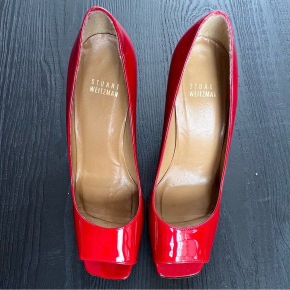 Stuart Weitzman red patent leather shoes
Size 7 M Open Toe 3-inch heels - Picture 5 of 14